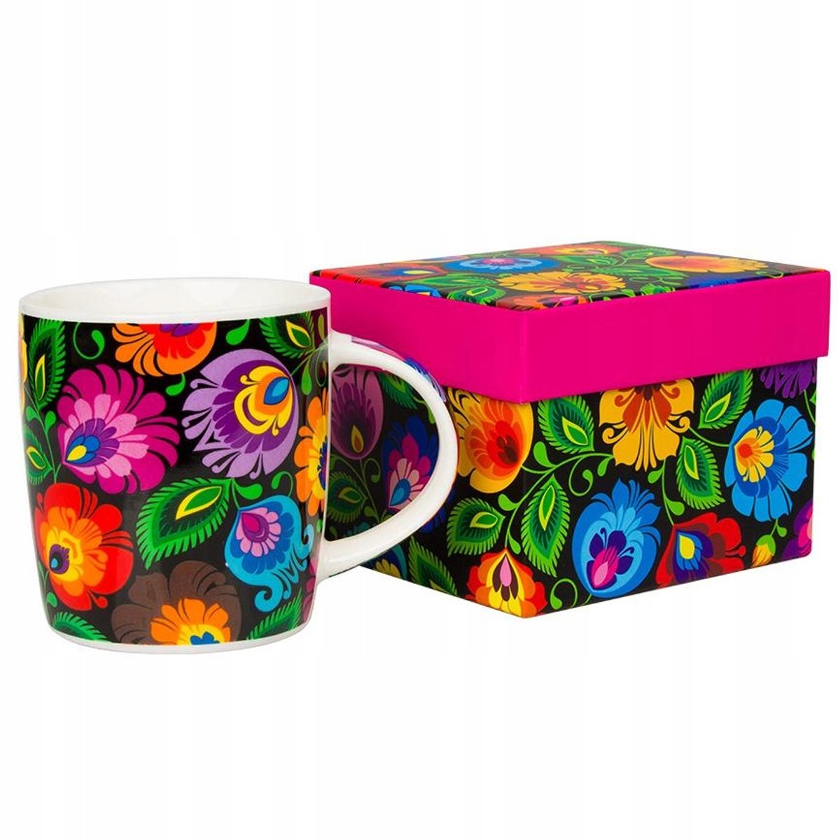 Folkloorkop Hania 360ml - Zwart met Bloemendessin, in Cadeaubox