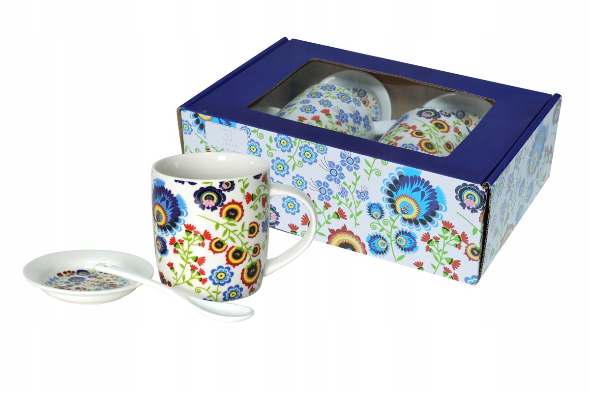 Set bevat 2 Porseleinen Mokken met Schotels en Lepels - 340ml
