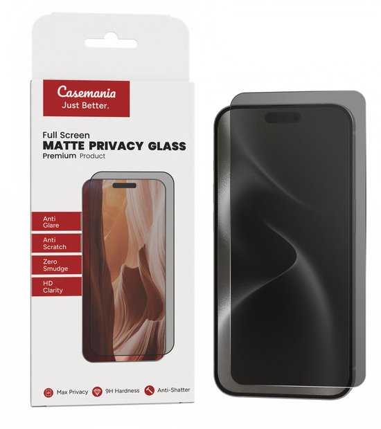 Protection d'écran mate de confidentialité compatible avec Apple iPhone 15 - Protection d'écran mate 9H - Film de protection d'écran en Glas trempé Casemania pour écran intégral