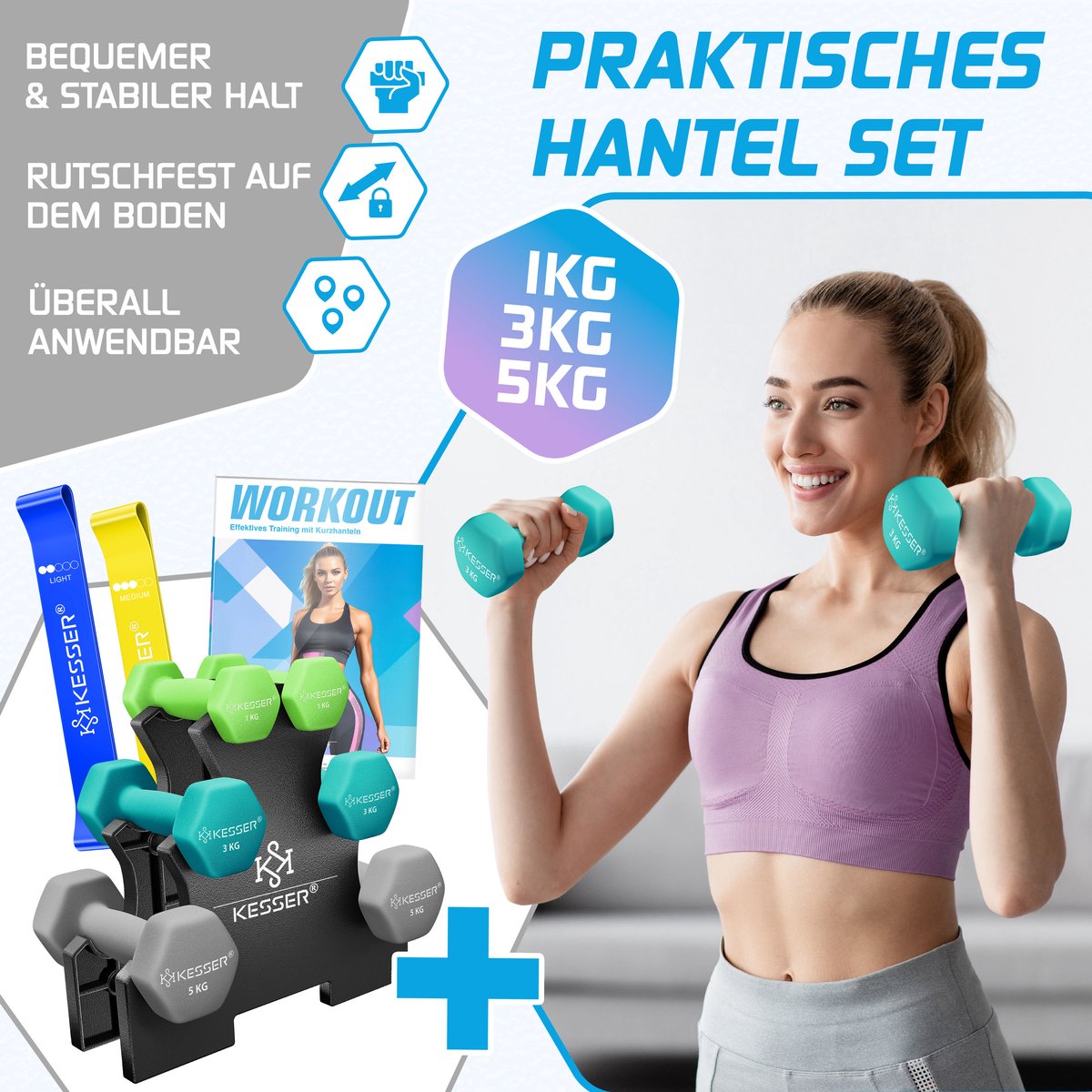 KESSER® Dumbells Set 3 Paren (2x 1, 2 & 5kg) = 18 kg totaal | 6x Dumbbells verstelbaar Geschikt voor Fitness Zumba & Aerobics | Halters Gewichten Set met Standaard | Halterset met oefeningenboekje, 2x fitnessbanden – foto 2