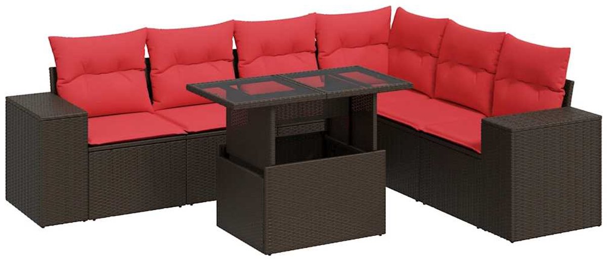 vidaXL 7-delige - Loungeset - met - kussens - poly - rattan - acacia - bruin