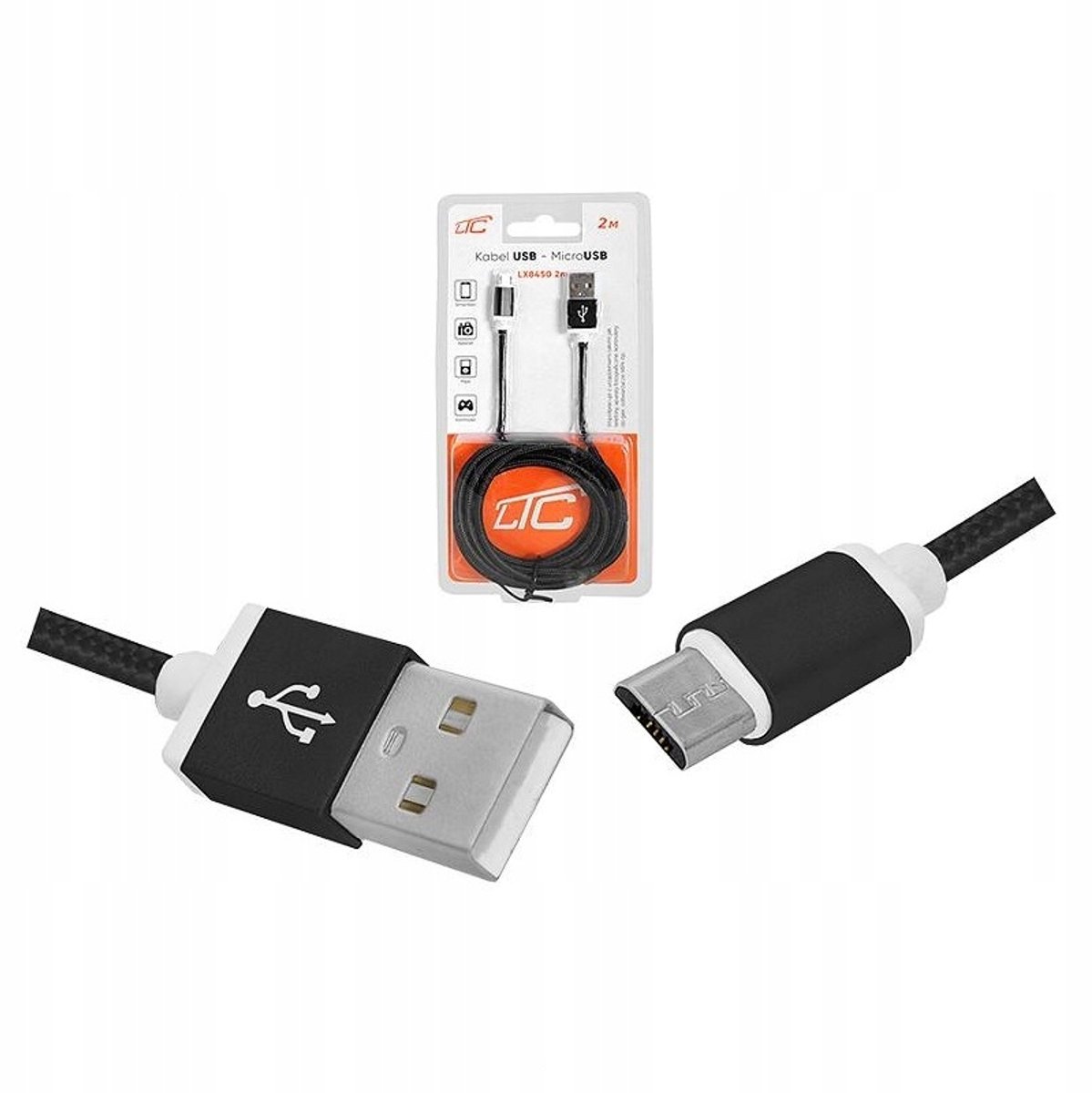 LTC USB is een Micro USB Kabel – 2m Zwart – Duurzaam Tekstel Omsnoerd