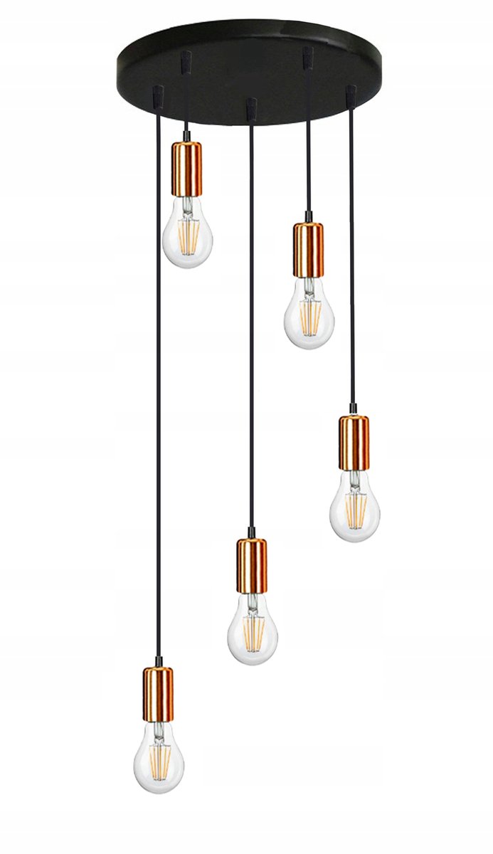 Zwarte Hanglamp E27 met Koperdetails - 5 lichtpunten