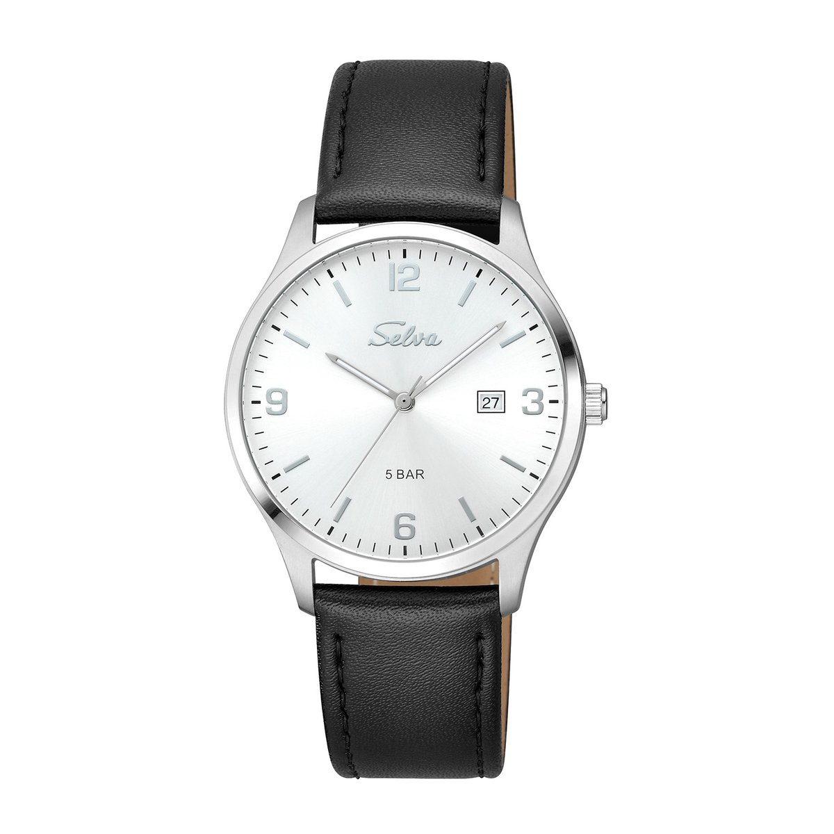 SELVA heren polshorloge, quartz, index en cijfers, roestvrijstalen kast, leren band, gesp, 5 bar