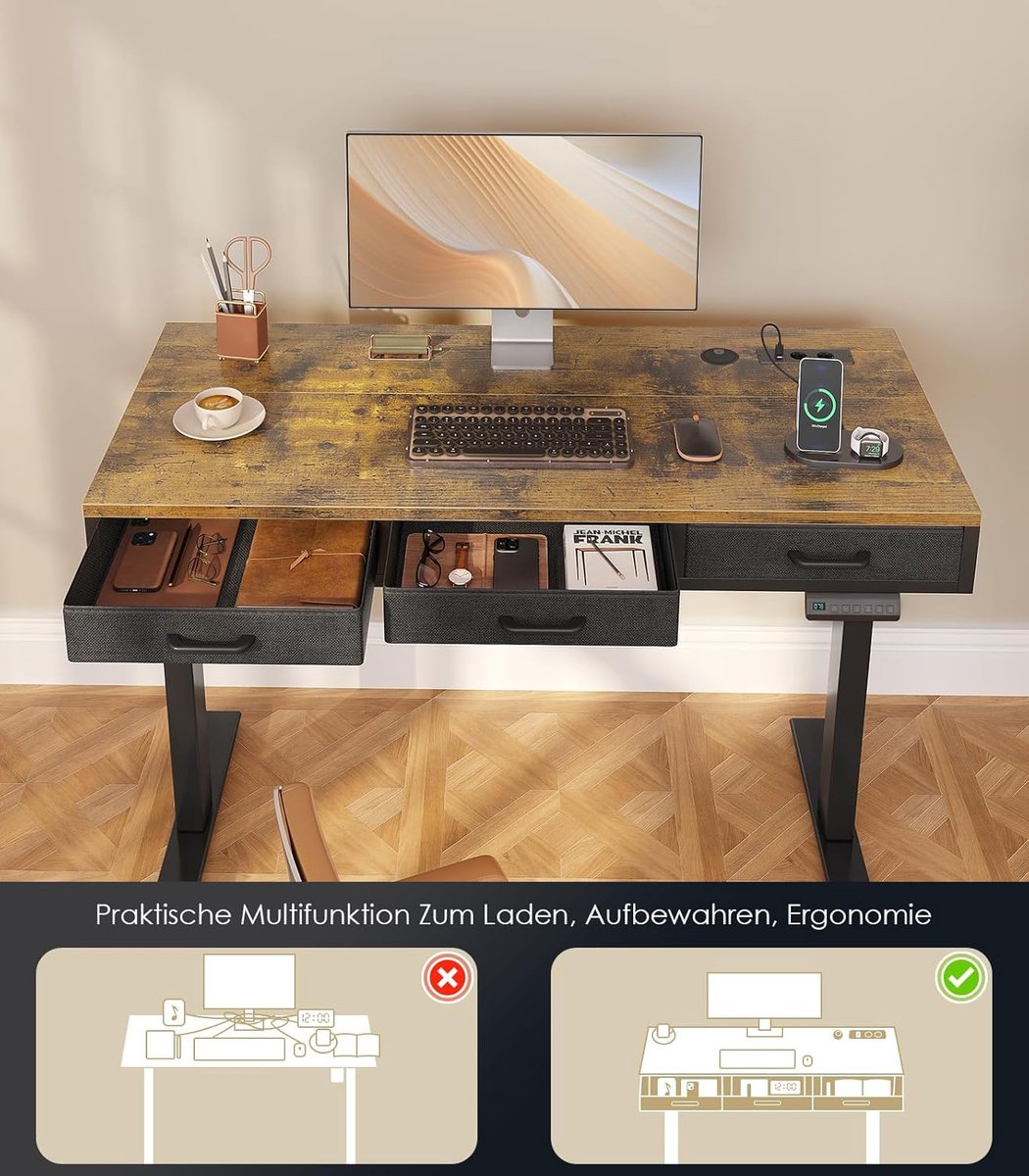 Yesdeals Pro – Elektrisch Verstelbaar Bureau met Laden – 120 x 54 cm – Zit Sta Bureau met USB & Stopcontact – Ergonomisch Kantoor- & Computerbureau – Houtlook Bruin – Stil & Duurzaam – Voor Thuis & Kantoor Yesdeals