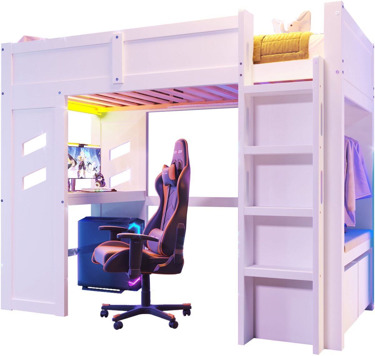 Merax Hoogslaper - 90x200cm - Bed met Bureau en Opbergruimte - LED Verlichting - USB en Type-C Poort - Houten Lattenbodem - Wit