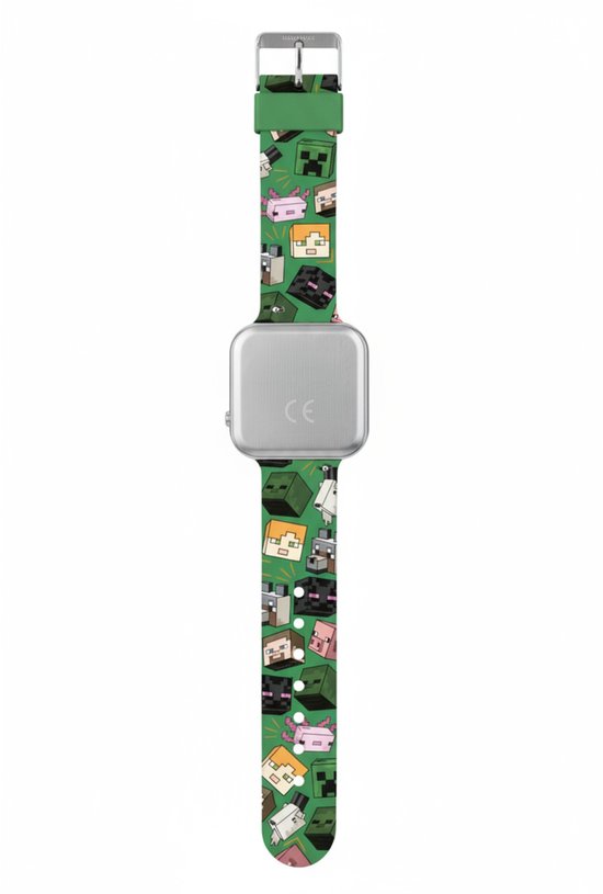 Achterkant van een groen Minecraft horloge met diverse karakterprints en CE-markering.