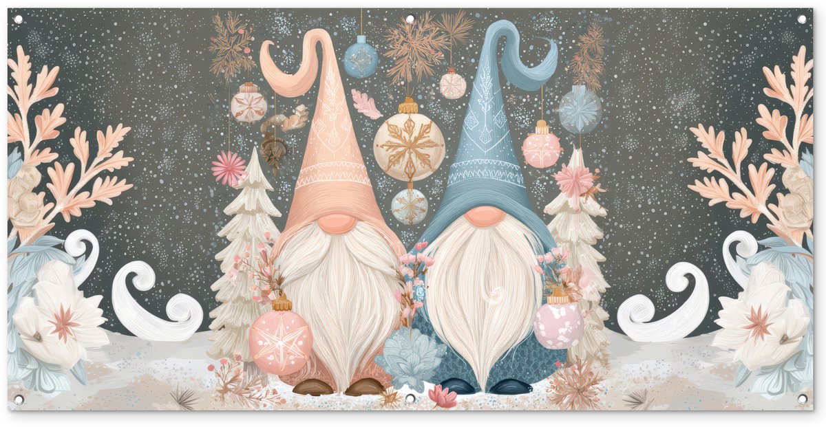 Tuinposter 160x80 cm met Kerst Gnomen in pastelkleuren voor tuindecoratie.