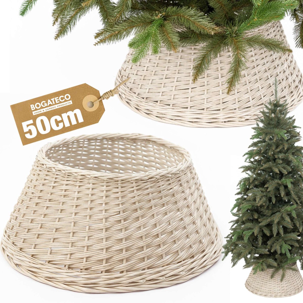 BOGATECO rieten mand voor de kerstboom 50cm diameter | Kerstboomrok van wilgenhout | Kerstboommand | Naturelkleurige kerstboomstandaard van wilgenhout | Handgemaakt | Wit