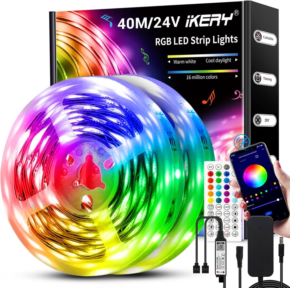 LED Strip Licht Verlichting met Bluetooth Afstandsbediening - RGB Kleurverandering en Muzieksynchronisatie - Flexibele LED Strip voor Woondecoratie en Feestjes (40 M)