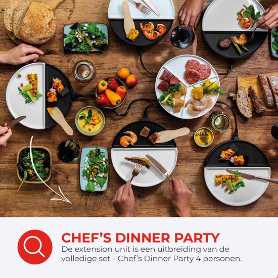 Een gourmetset voor 4 personen, met veel eten en meerdere kookunits.