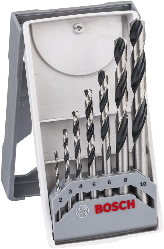 Jeu de 8 forets HSS Bosch dans un support gris, tailles 2-10 mm.