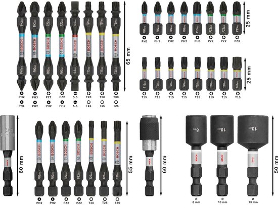 Vue d'ensemble des embouts et douilles Bosch avec leurs dimensions.