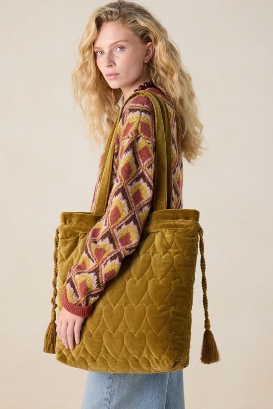 Sissy-Boy - Donkergroene velvet shopper met hartjes