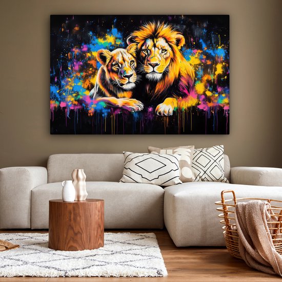 Tableau sur toile 180x120 cm - Décoration murale Lions - Tableau - Couleurs - Décoration murale salon - Décoration chambre - Accessoires chambre - Peintures sur toile