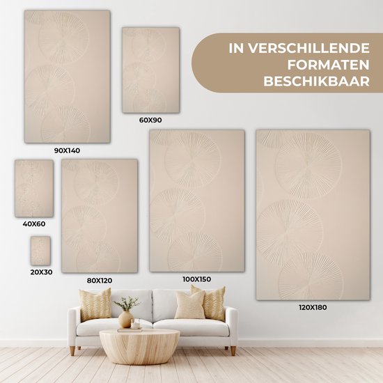 Canvas schilderijen met beige reliëf cirkels in verschillende formaten: 20x30, 40x60, 60x90, 80x120, 90x140, 100x150, 120x180.