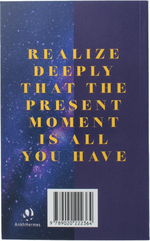 De achterkant van een boek met een paarse achtergrond en een sterrenhemel. De tekst 'REALIZE DEEPLY THAT THE PRESENT MOMENT IS ALL YOU HAVE' staat in gele letters.