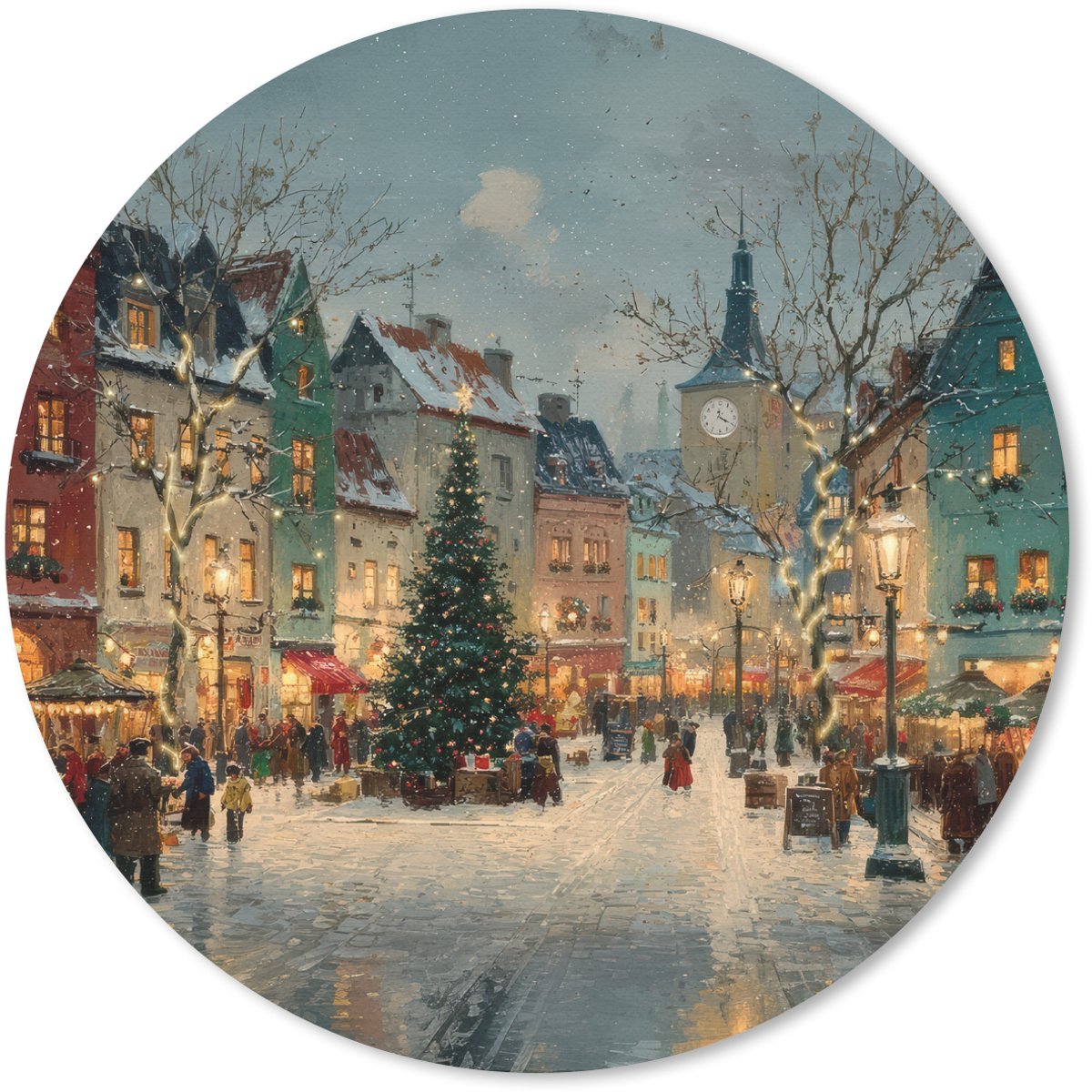 Muismat rond 30x30 cm - Mousepad Kerstsfeer - Stadsplein - Kleurrijk - Ronde muismatten