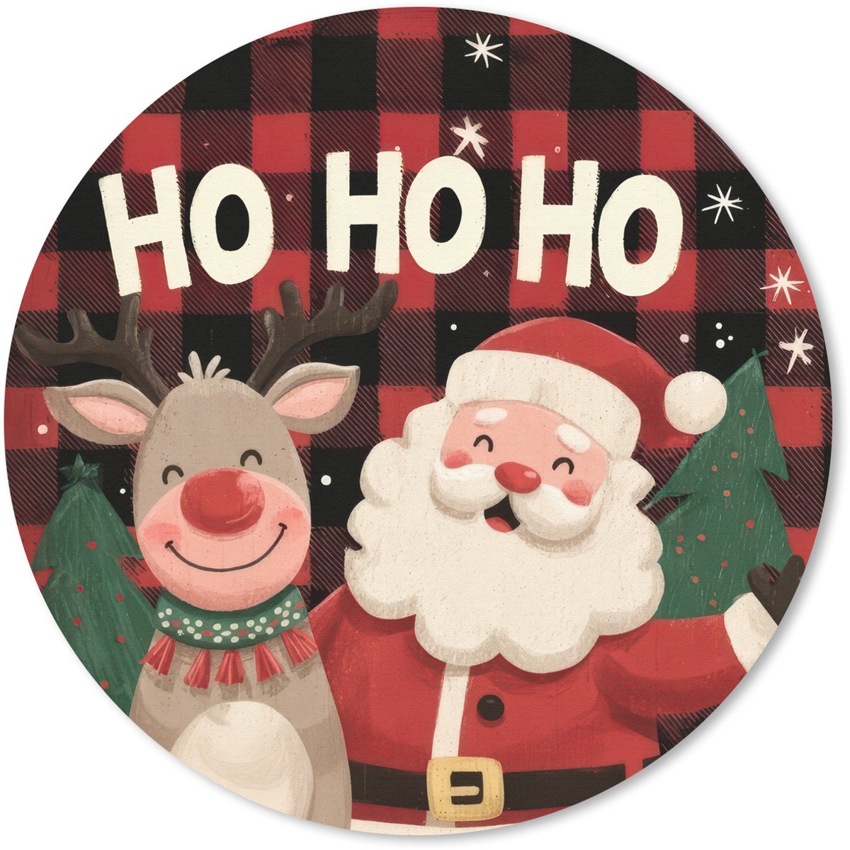 Muismat rond 30x30 cm - Mousepad Kerstman - Rendier - Tekst - Rood - Zwart - Ronde muismatten