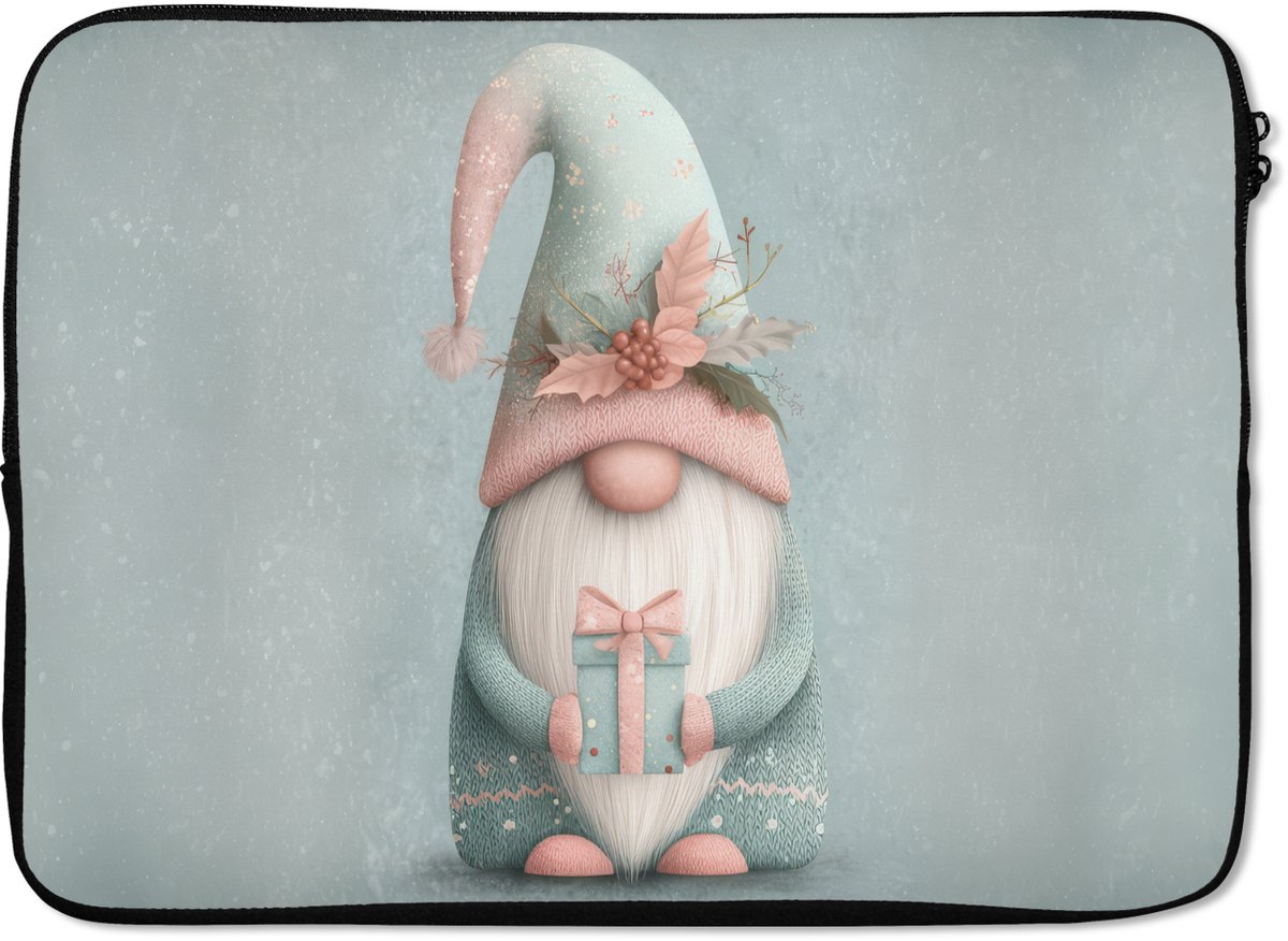 Laptophoes 14 inch - Kerstgnome - Cadeau - Groen - Laptop sleeve - Binnenmaat 33x23 cm - Zwarte achterkant