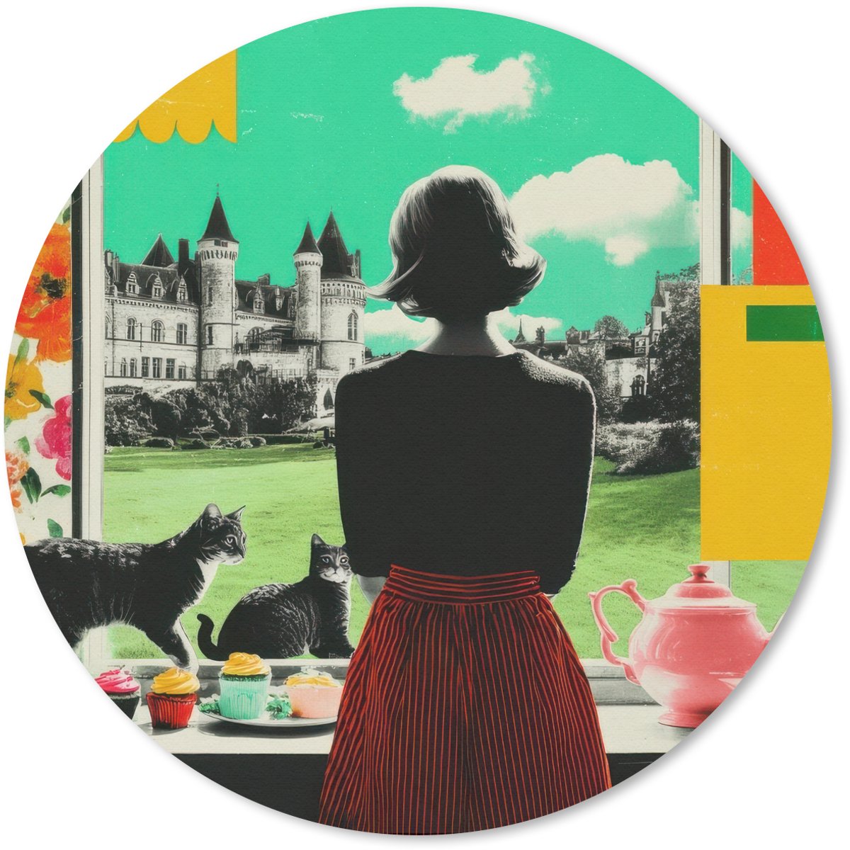 Muismat rond 30x30 cm - Mousepad Vrouw - Keuken - Katten - Doorkijk - Ronde muismatten