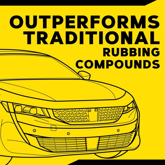 Gele afbeelding van de voorzijde van een auto met de tekst "Overstijgt traditionele polijstmiddelen".