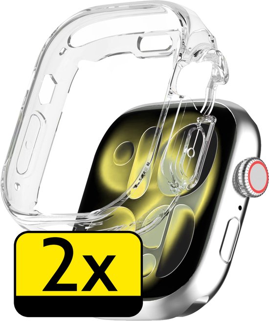 Transparant hoesje met "2x"-logo, deels om een Apple Watch.