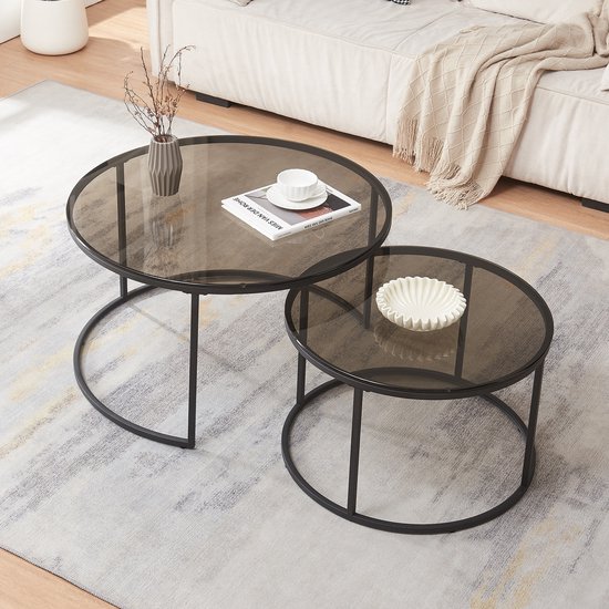 Ensemble de 2 tables basses en verre fumé Kokkola, gris et noir [en.casa]