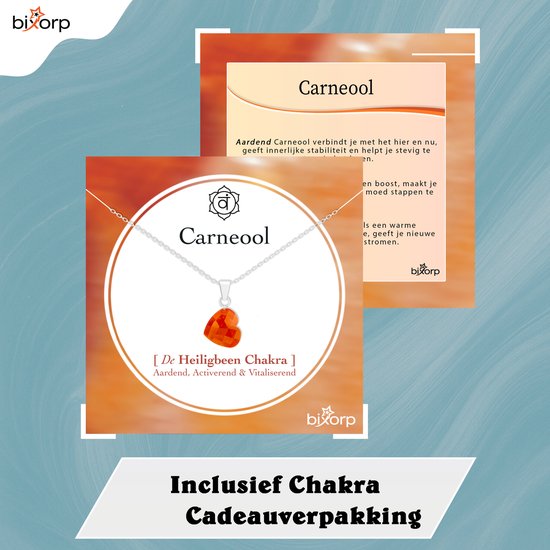 Zilveren ketting met oranje hartvormige carneool hanger, gepresenteerd op een kaart met informatie en een giftbox.