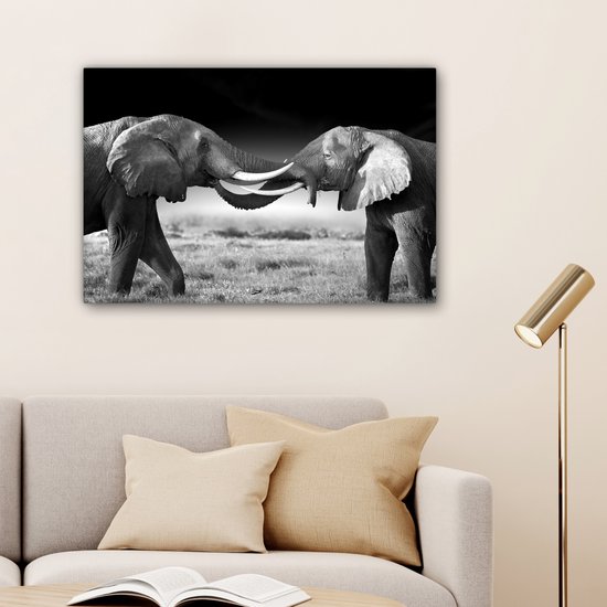 Tableau sur toile - Animaux sauvages - Éléphants - Zwart - Wit - Salon - 90x60 cm - Décoration murale - Décoration de la maison