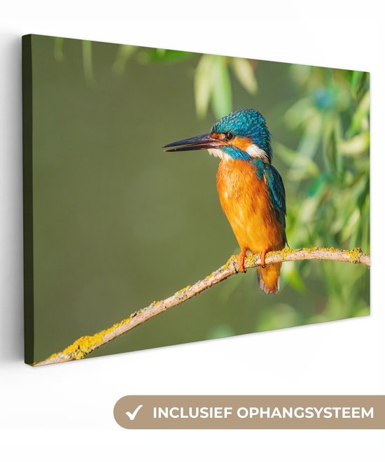 OneMillionCanvasses - Peinture sur toile - Vogel - Martin-pêcheur - Branche - Feuilles - Peintures sur toile - Photo sur toile - 90x60 cm - Décoration murale - Chambre