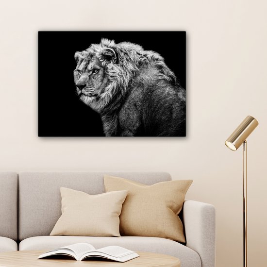 Tableau sur toile - Animaux sauvages - Lion - Zwart - Wit - Décoration murale - Toile - 80x60 cm - Toile canvas - Salon