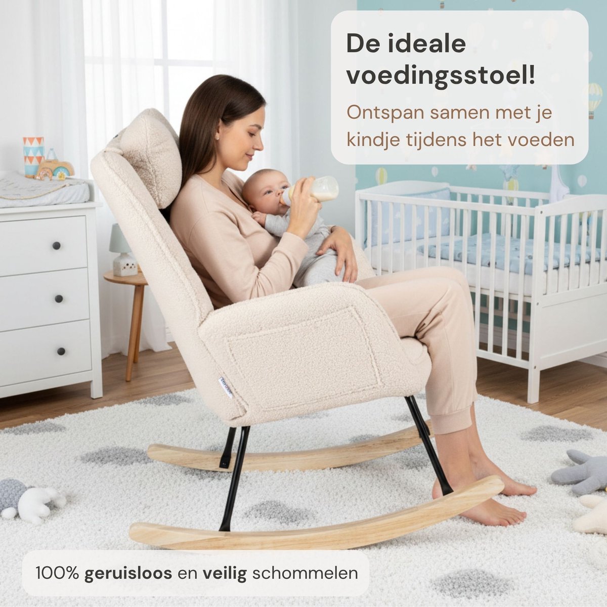 Zenzee Schommelstoel - Schommelstoelen babykamer - Met kussen - Relaxstoel - Fauteuil - Voedingsstoel - Roomwit - Beige — afbeelding 3