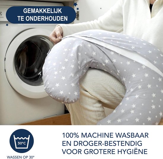 Zwangerschapskussen om te slapen - Zijslaapkussen - Voedingskussen - Om op de zij te slapen - 100% Katoenen afneembare Hoes - Borstvoedingskussen - Positioneringskussen - Babykussen - Lichaamskussen - Body pillow - Grijs met Witte Sterren - Dormivo van Merkloos — afbeelding 2