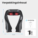 Zwart/grijs massagekussen van 50x41 cm met 8 roterende knoppen en infrarood warmtefunctie. Inclusief handleiding en oplader.