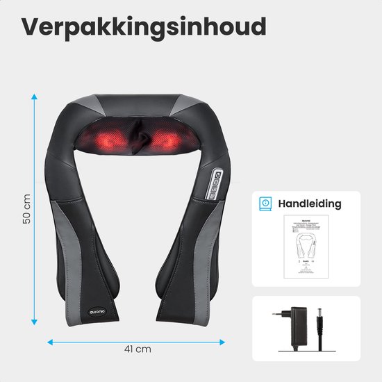 Zwart/grijs massagekussen van 50x41 cm met 8 roterende knoppen en infrarood warmtefunctie. Inclusief handleiding en oplader.