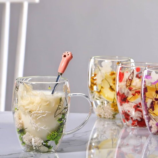 LeKuni Latte Macchiato glazen met droogbloemen, 350 ml dubbelwandige glazen, espressokopjes, thermoglazen, dubbelwandige cappuccino kopjes, voor thee, ijs, ijsthee, Iced Americano, melk, sap (blauw
