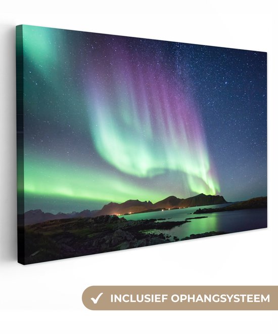 Peinture sur toile - Aurores boréales - Ciel étoilé - Nuit - Violet - Vert - Décoration murale - 60x40 cm - Toile - Peinture sur toile