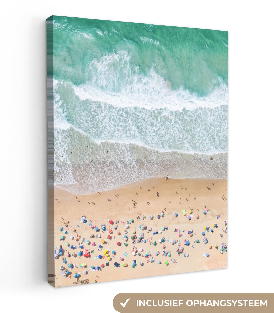 Canvas schilderij 60x80 cm - Wanddecoratie Zee - Strand - Parasols - Water - Zomer - Muurd