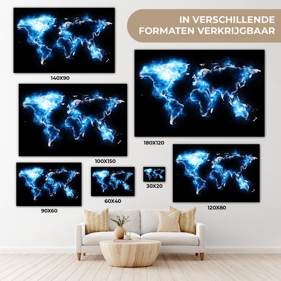 Wereldkaart en bleu électrique sur fond noir 60x40 cm
