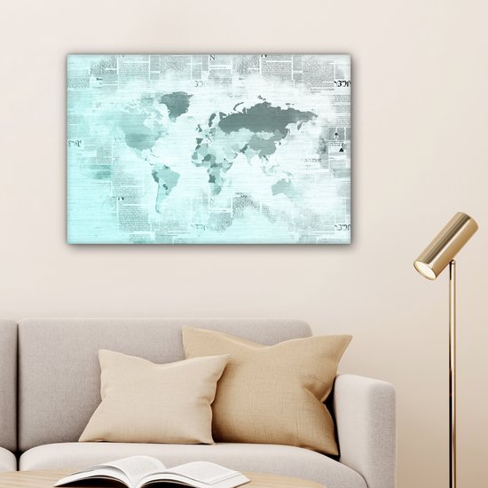 Wereldkaart aux couleurs bleu clair sur fond de papier journal 60x40 cm