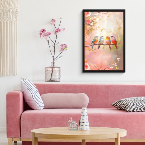 Poster in lijst - Fotolijst 40x60 cm - Posters - Vogels - Kleurrijk - Tak - Posterlijst zwart - Decoratie - Wanddecoratie woonkamer - Muurdecoratie slaapkamer
