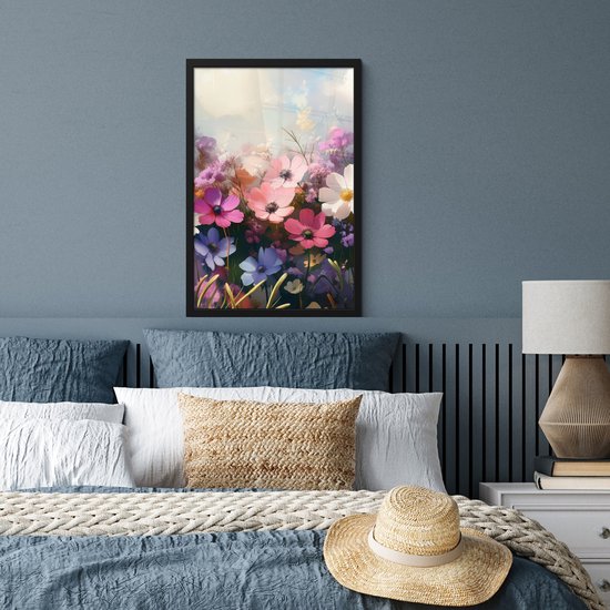 Poster in lijst - Fotolijst 40x60 cm - Posters - Bloemen - Kleurrijk - Bloei - Posterlijst zwart - Decoratie - Wanddecoratie woonkamer - Muurdecoratie slaapkamer