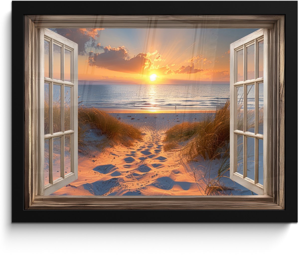 FrameYourWall Poster in lijst - Fotolijst 40x30 cm - Posters - Doorkijk - Strand - Duinen - Zonsondergang - Posterlijst zwart - Decoratie - Wanddecoratie woonkamer - Muurdecoratie slaapkamer Zonsondergang - Duinen