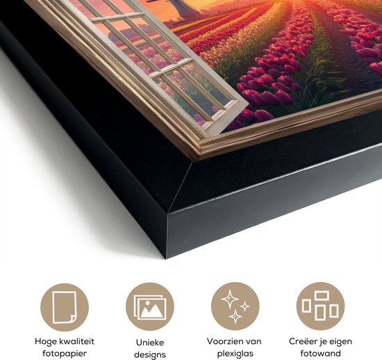 Poster in lijst - Fotolijst 30x20 cm - Posters - Doorkijk - Tulpen - Zonsondergang - Bloemen - Kleurrijk - Posterlijst zwart - Decoratie - Wanddecoratie woonkamer - Muurdecoratie slaapkamer