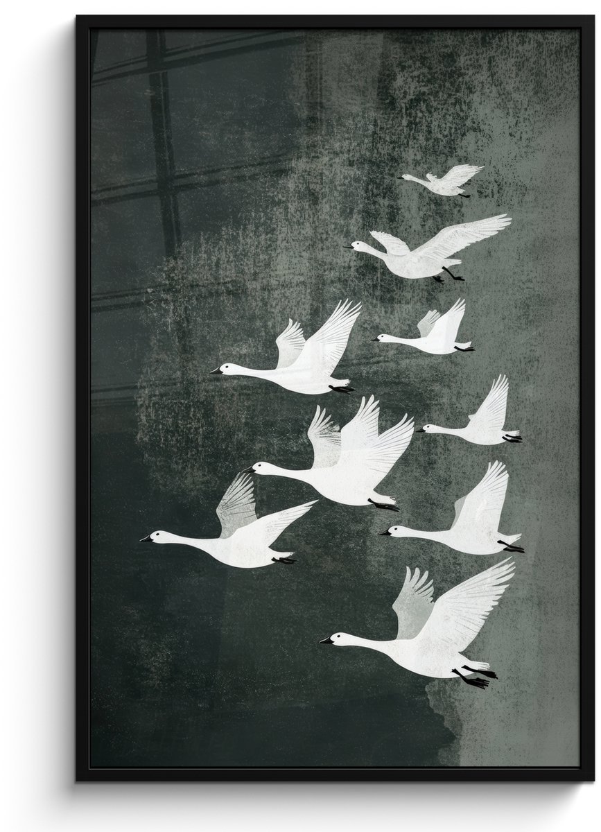 FrameYourWall Poster in lijst - Fotolijst 80x120 cm - Posters - Vogel - Japandi - Groen - Posterlijst zwart - Decoratie - Wanddecoratie woonkamer - Muurdecoratie slaapkamer Vogels