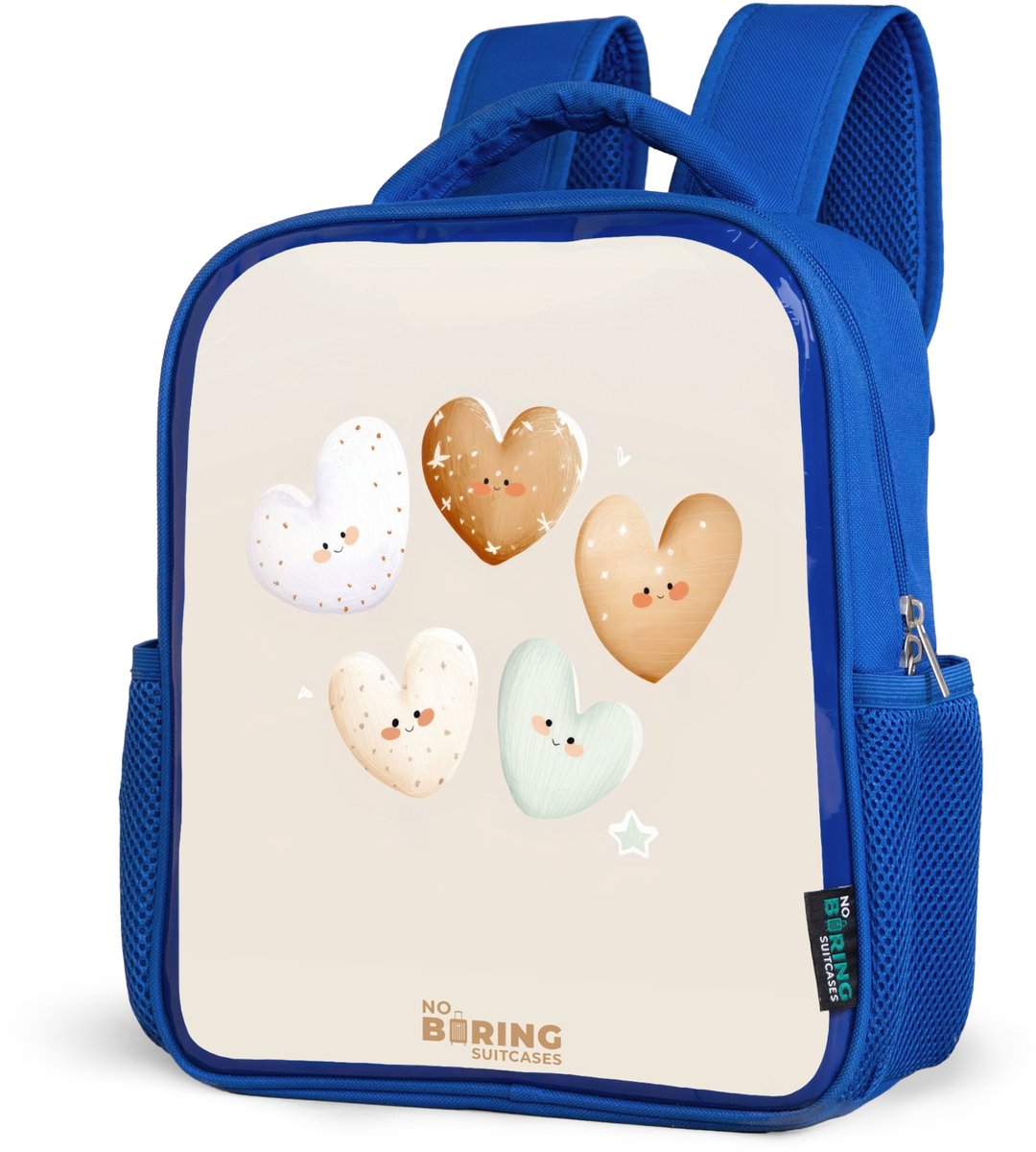 NoBoringSuitcases.com® - Rugzak blauw - Schooltas jongens - Hartjes in zachte beige tinten - Kinder rugtas jongen - Boekentas kind - Kinderrugzak voor school - Schoolrugzak