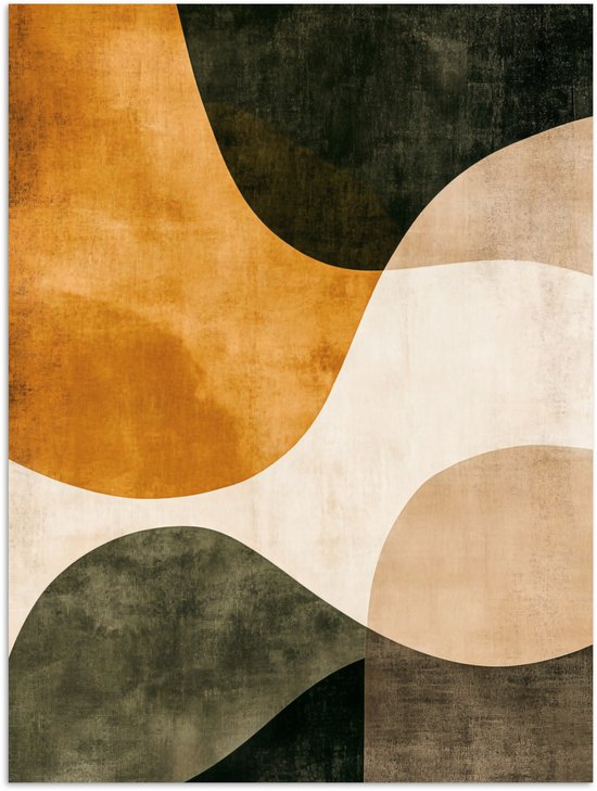 Abstracte poster met overlappende vormen in okergeel, beige, crème en donkergroene tinten met een verweerd effect.