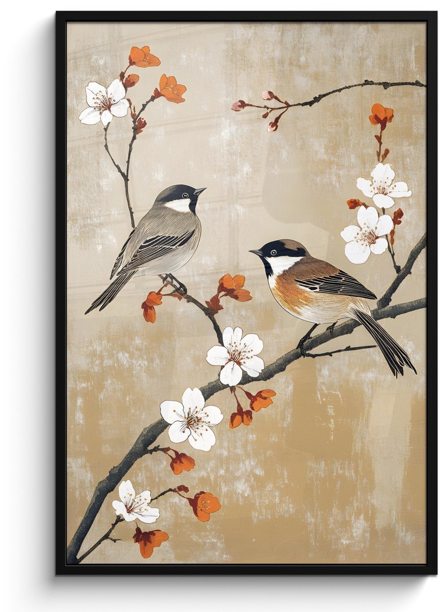 FrameYourWall Poster in lijst - Fotolijst 80x120 cm - Posters - Vogels - Bloesemtak - Bloemen - Oranje - Posterlijst zwart - Decoratie - Wanddecoratie woonkamer - Muurdecoratie slaapkamer