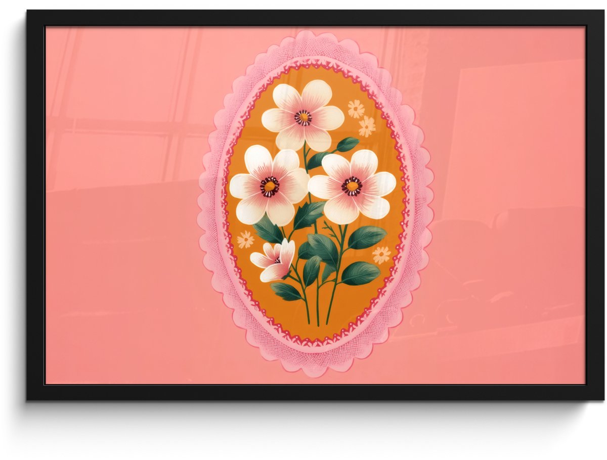 FrameYourWall Poster in lijst - Fotolijst 60x40 cm - Posters - Illustratie - Bloemen - Rand - Roze - Posterlijst zwart - Decoratie - Wanddecoratie woonkamer - Muurdecoratie slaapkamer